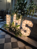 Beleuchtete Buchstaben des Alphabets, Hochzeitsinitialen und Beliebte Untertitel: Er und Sie, Amore, Bar…